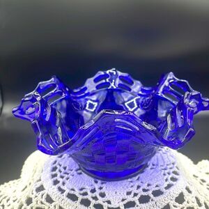 Vintage Fenton Cobalt Basketweave Bowl